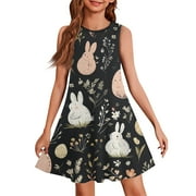 LTTVQM Easter Dresses for Girls 2025 5-6 Happy Bunny Egg Graphic Sleeveless Midi Dresses Lightweight Round Neck Tank Dress Trendy Sundress Mint Green 5-6